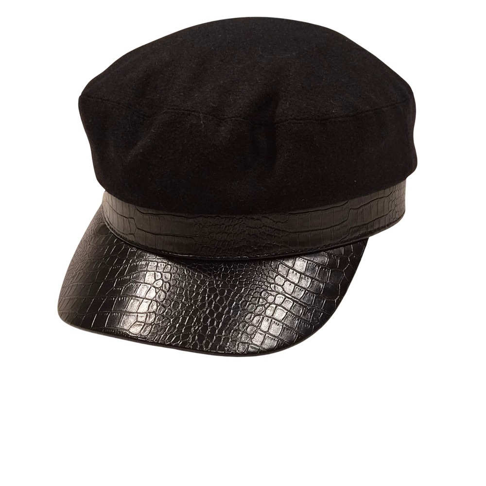 BCBGMAXAZRIA Black Wool Blend Baker Boy Hat Croc Embossed Faux Leather Trim OSFM